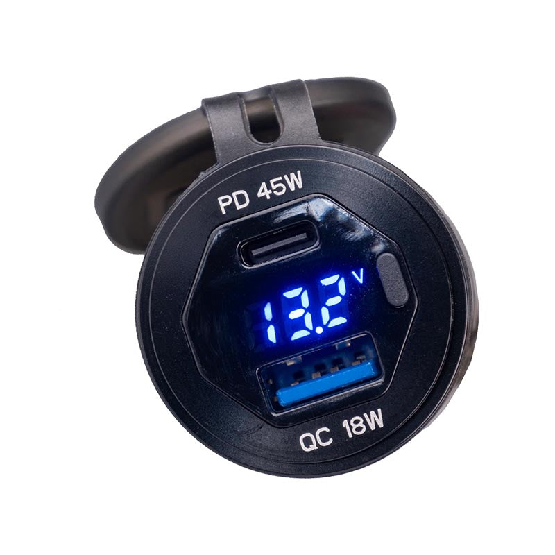 Rocky Creek Hella DIN Dual USB-C & USB-A Adapter with Voltmeter