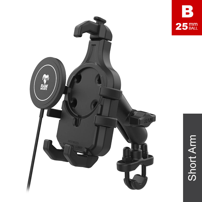 RAM U-Bolt Handlebar Quick-Grip Pro Phone Holder with 15W Qi2 Wireless Charger 1" Ball