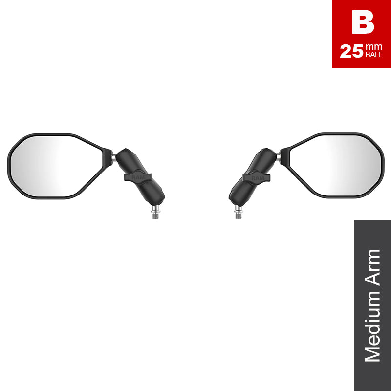 RAM Medium Arm M10-1.25 Left & Right Motorcycle Tough-Mirror Kit 1" Ball