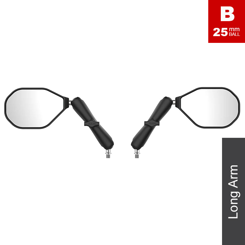RAM Long Arm M10-1.25 Left & Right Motorcycle Tough-Mirror Kit 1" Ball