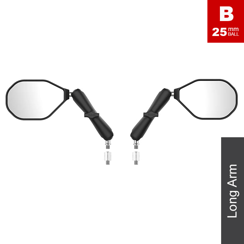RAM Long Arm Left & Right Motorcycle Tough-Mirror Kit & M10-1.5 Adapters 1" Ball