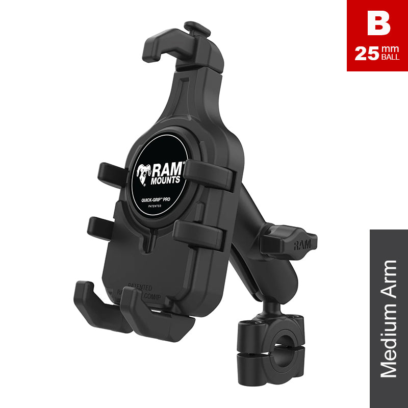 RAM Torque 19mm-25mm Handlebar Rail Quick Grip Pro Phone Kit 1" Ball