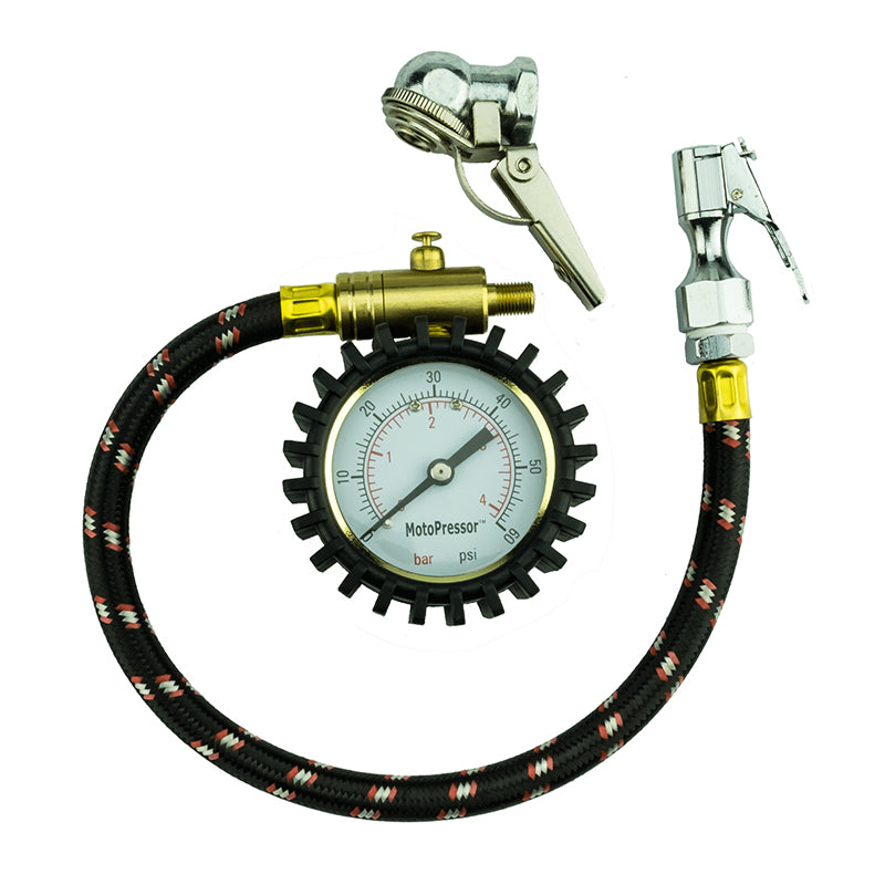 Rocky Creek MotoPressor Inline Analogue Tyre Gauge Straight & 45 Degree Chucks