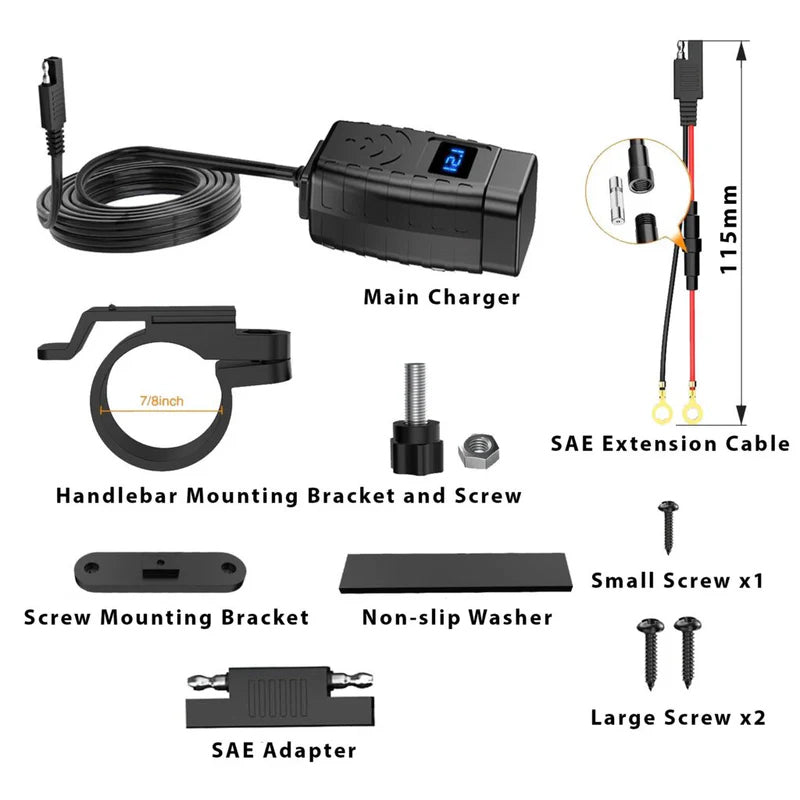 UA SAE to USB & USB-C Handlebar Mount Charger with LED Voltmeter