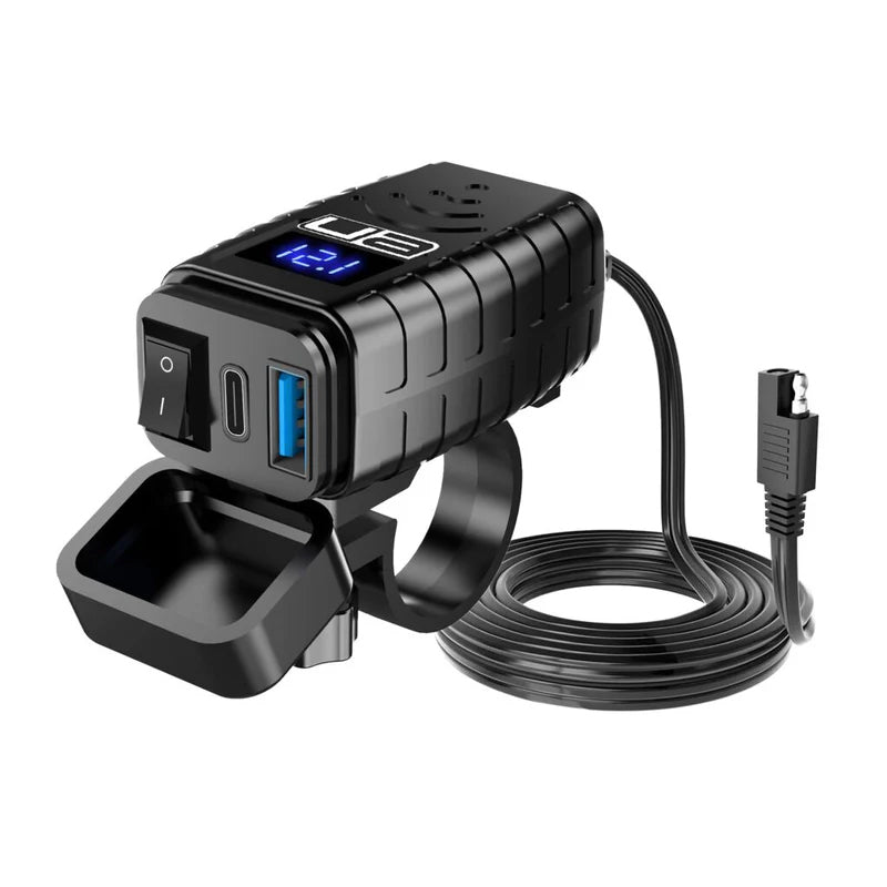 UA SAE to USB & USB-C Handlebar Mount Charger with LED Voltmeter