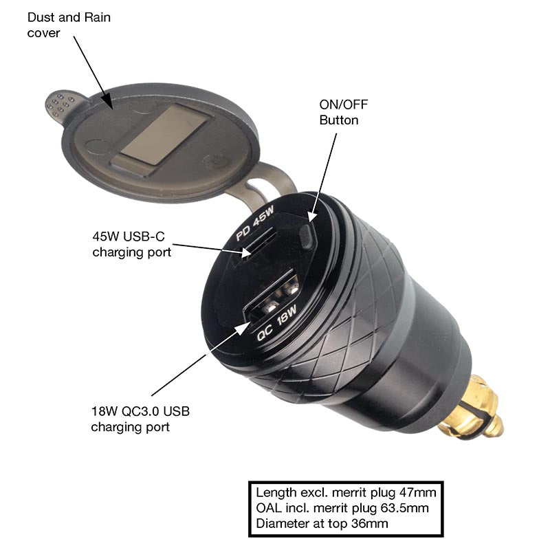 Rocky Creek Hella DIN Dual USB-C & USB-A Adapter with Voltmeter