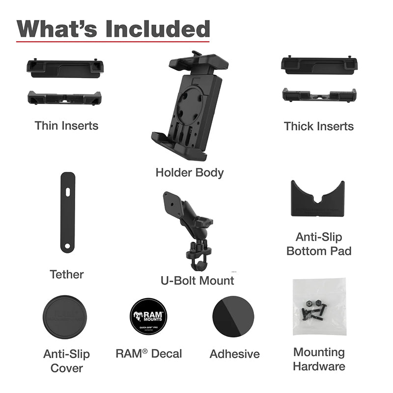 RAM 13-32mm U-Bolt Handlebar Rail Quick Grip Pro XL Phone Kit 1" Ball