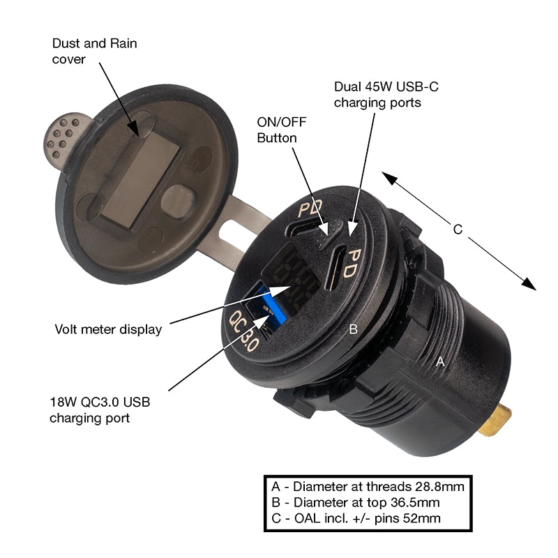 Rocky Creek Surface Mount Dual USB-C & USB-A Adapter with Voltmeter