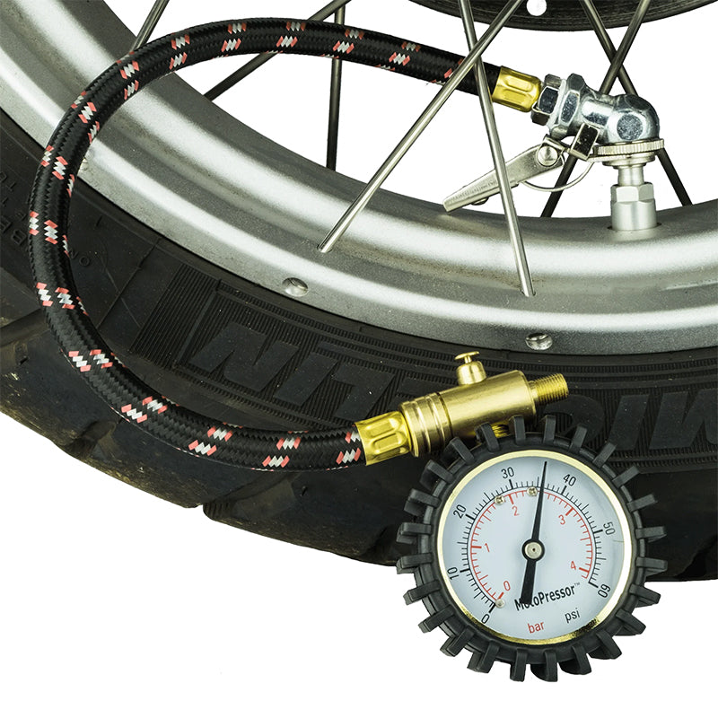 Rocky Creek MotoPressor Inline Analogue Tyre Gauge Straight & 45 Degree Chucks
