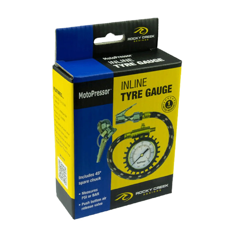 Rocky Creek MotoPressor Inline Analogue Tyre Gauge Straight & 45 Degree Chucks