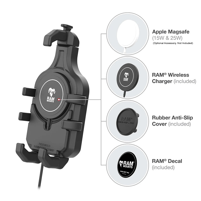 RAM Quick-Grip Pro Phone Holder with 15W Qi2 Wireless Charger 1" Ball